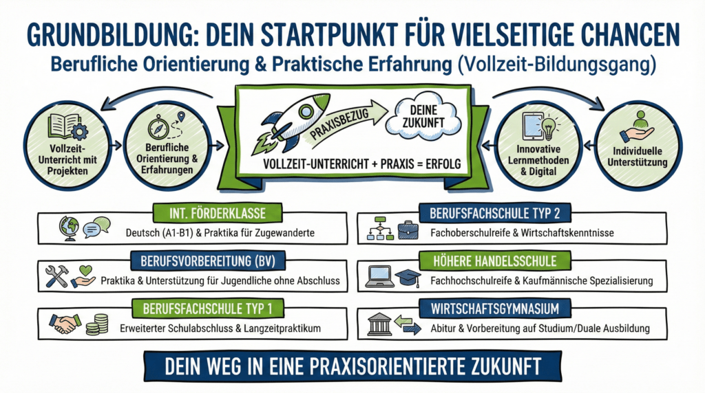 Infografik: Grundbildung als Startpunkt – Vollzeit-Unterricht, Praxisbezug und sechs Bildungsgänge von Int. Förderklasse bis Wirtschaftsgymnasium im Überblick