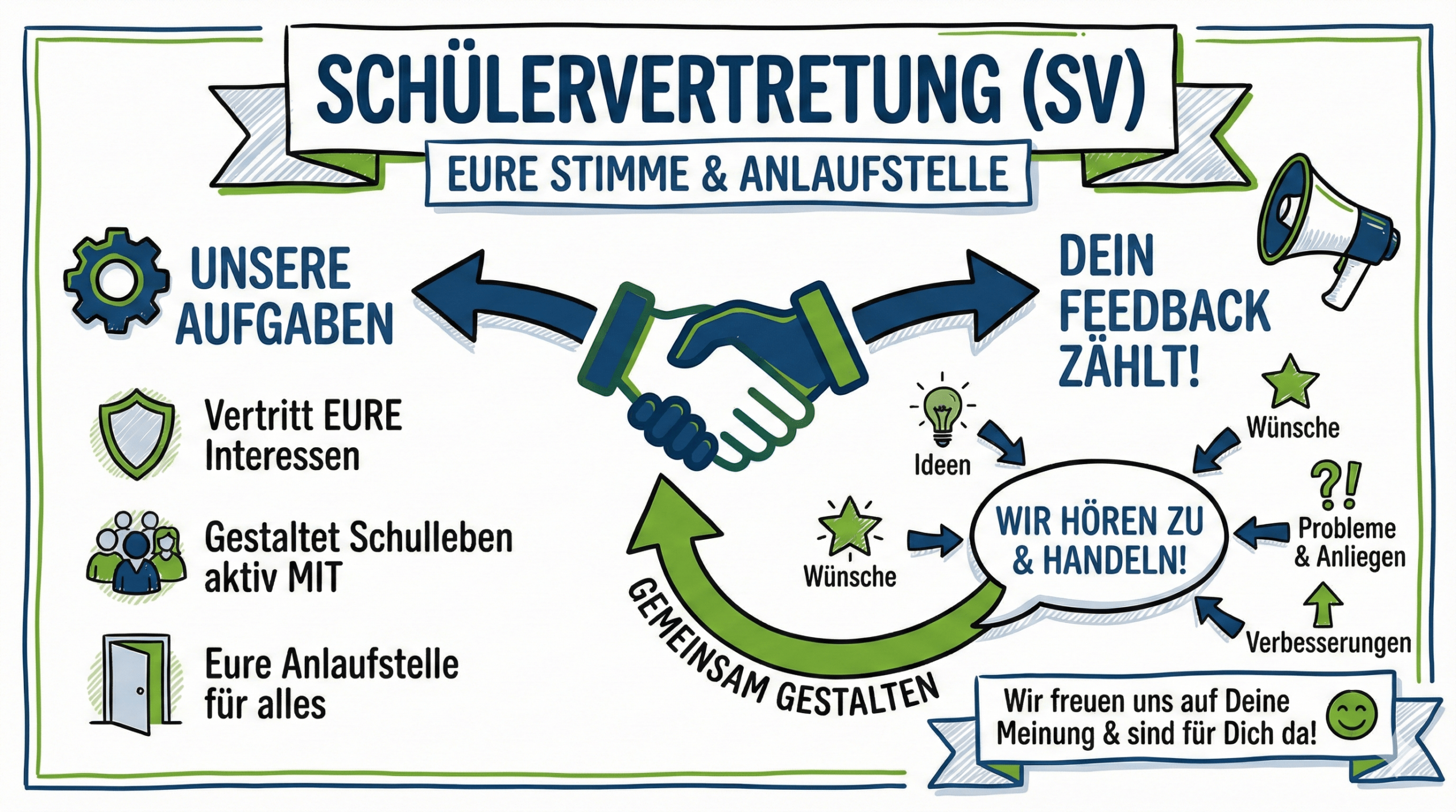 Infografik zur Schülervertretung (SV): Aufgaben (Interessen vertreten, Schulleben mitgestalten, Anlaufstelle) und Feedbackkreislauf mit Ideen, Wünschen, Problemen und Verbesserungen